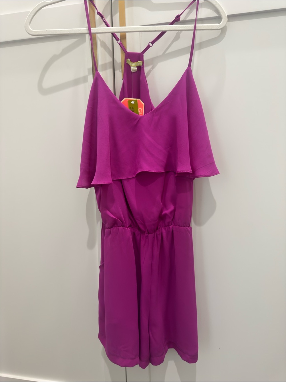 Gianni Bini Fuchsia Ruffle-Front Spaghetti Strap Romper